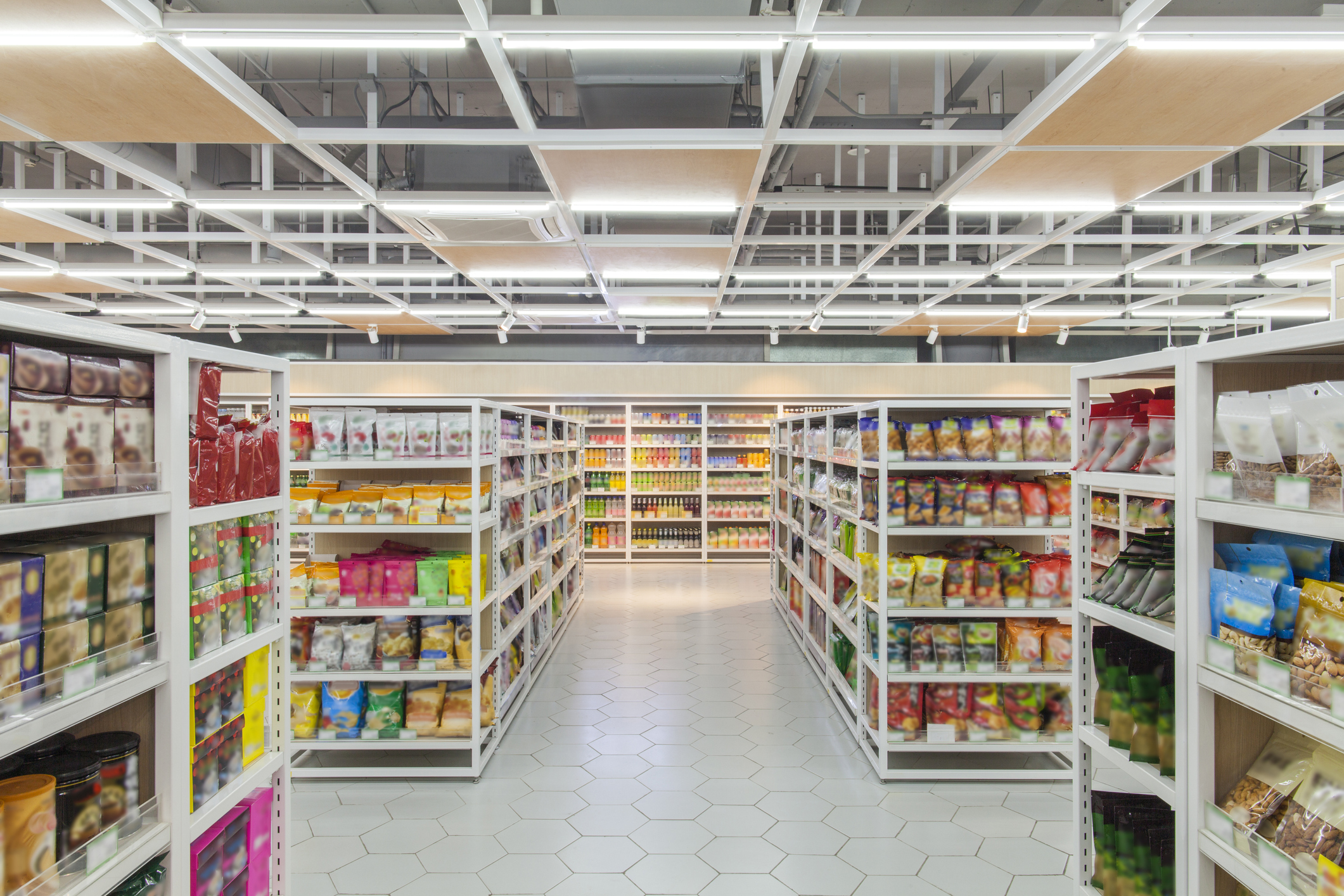 View of supermarket interior snacks section